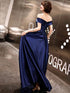 Blue Off Shoulder Prom Dress, Blue Satin Party Gown Prom Dress