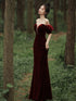 Wine Red Off Shoulder Velvet Mermaid Wedding Party Dress, Wine Red Long Prom Dress