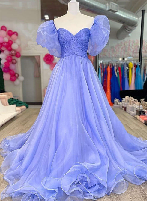 Charming Lavender Puffy Sleeves Long Formal Dress, A-line Evening Dress