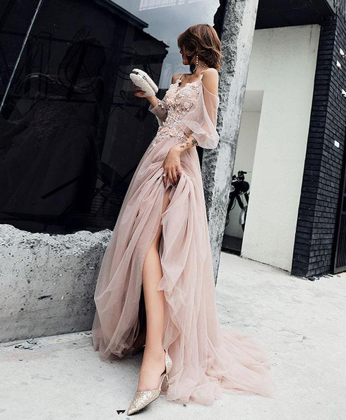 Light Pink Long Sleeves Tulle Formal Dress, Pink A-line Prom Dress Evening Gown