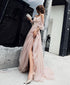 Light Pink Long Sleeves Tulle Formal Dress, Pink A-line Prom Dress Evening Gown