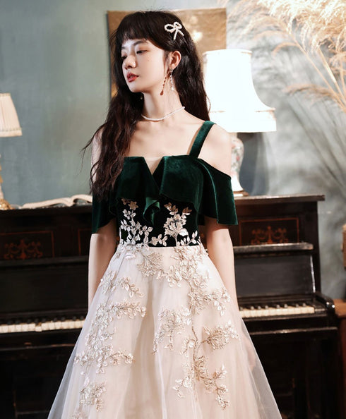 Green Velvet Top with Ivory Tulle Lace Applique Evening Dress, Long Formal Dress Prom Dress