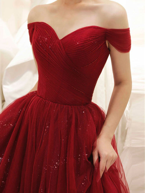 Glam Wine Red Sweetheart Tulle Shiny Long Prom Dress Party Dress, Wine Red Formal Dress