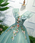 Gorgeous Green Long Tulle with Lace Applique Sweet 16 Dress, Green Formal Gown