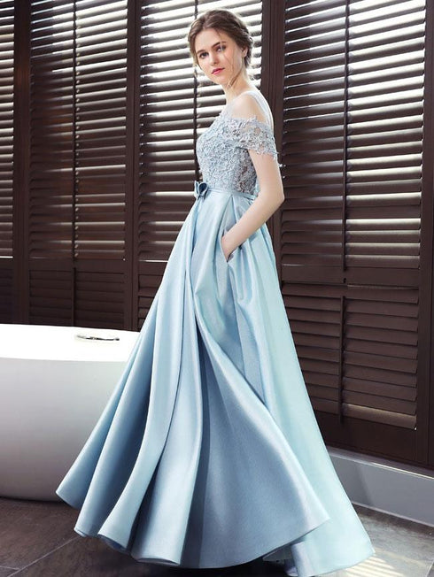Blue Satin A-line Lace Off Shoulder Floor Length Party Dress, Blue Prom Dress Evening Dress