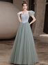Tulle A-line Simple Beaded Evening Party Dress, Satin Top Long Prom Dress