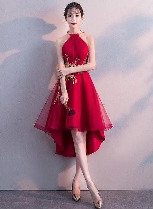 Lovely Dark Red Party Dress , Homecoming Dresses , Wine Red Halter Formal Dress