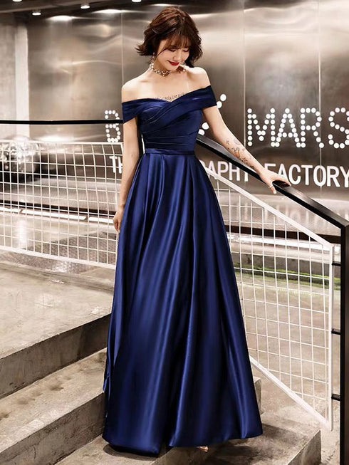 Blue Off Shoulder Prom Dress, Blue Satin Party Gown Prom Dress