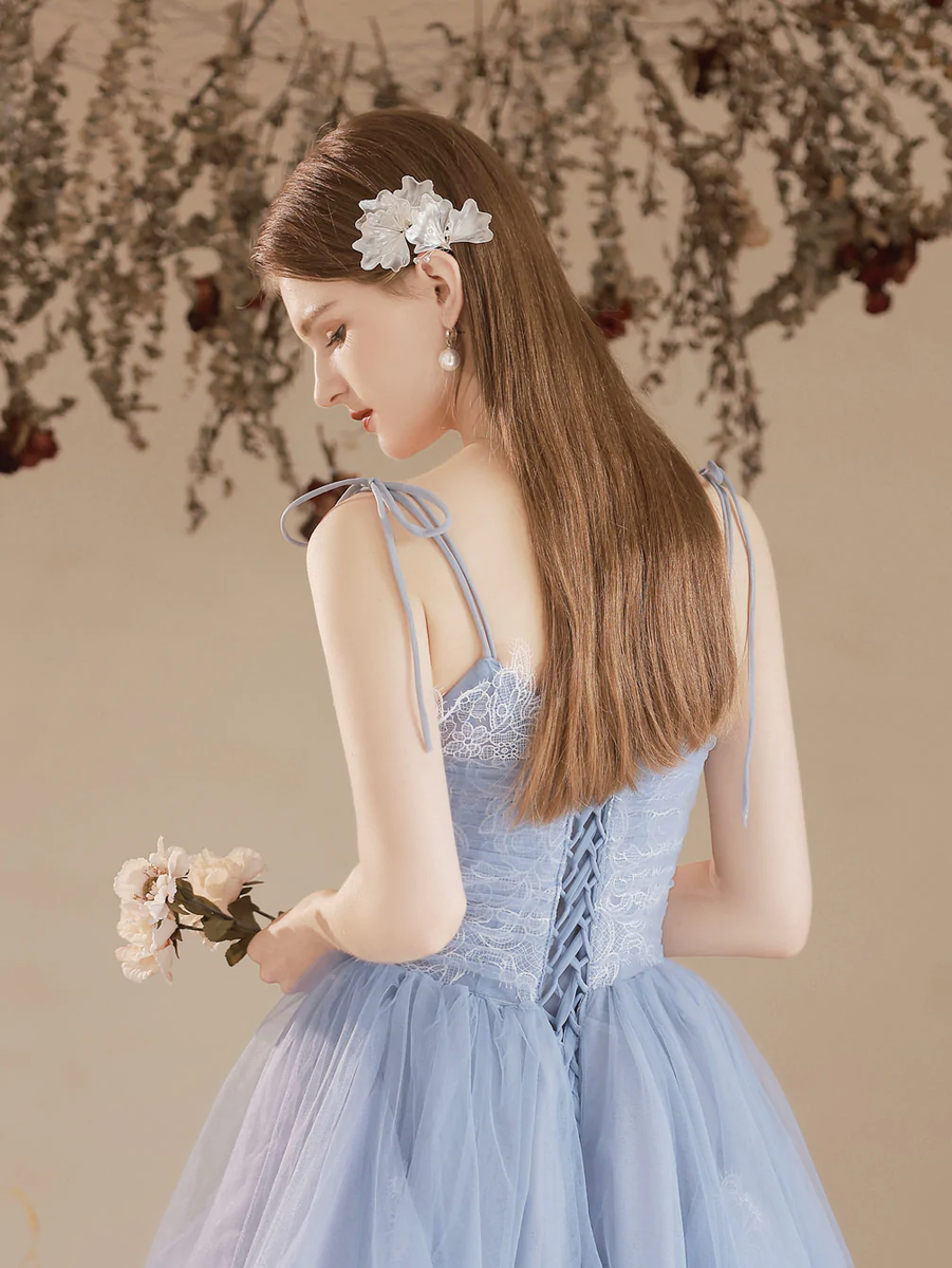 Light Blue Tulle Straps with Lace Applique Prom Dress, Light Blue Party Dress