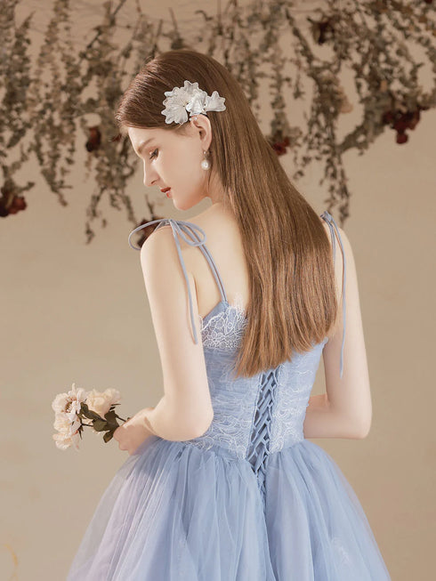 Light Blue Tulle with Lace Straps A-line Prom Dress, Blue Straps Evening Dress
