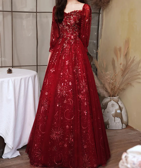 Wine Red Puffy Sleeves Tulle Long Party Dress, A-line Wine Red Floor Length Prom Dress
