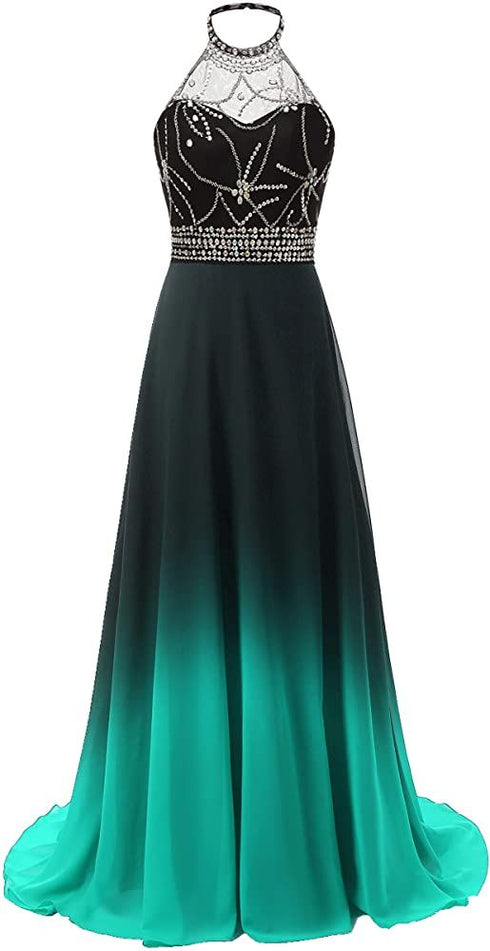 Green and Black Gradient Long Evening Prom Dress, Wedding Party Gowns