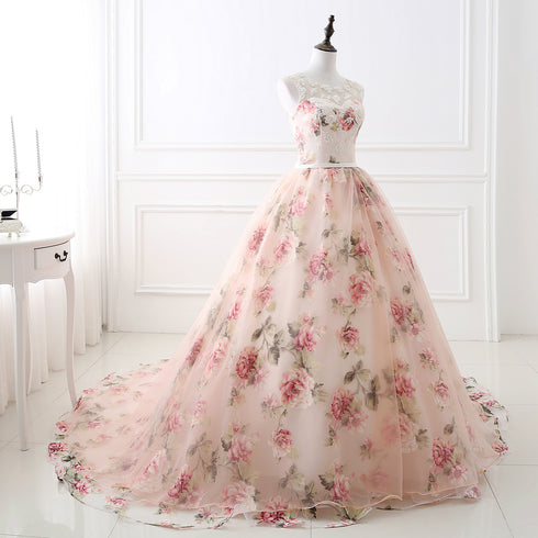 Beautiful Flowers Organza Formal Gown with Lace, Pink Sweet 16 Gown
