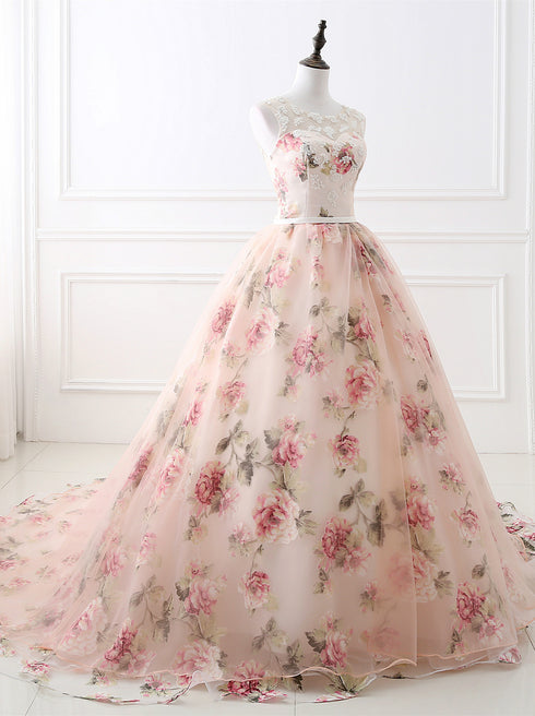 Beautiful Flowers Organza Formal Gown with Lace, Pink Sweet 16 Gown