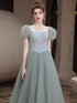 Tulle A-line Simple Beaded Evening Party Dress, Satin Top Long Prom Dress