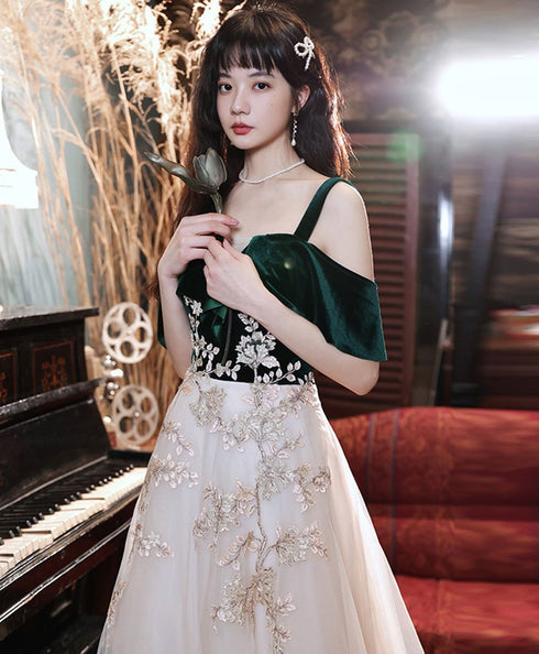 Green Velvet Top with Ivory Tulle Lace Applique Evening Dress, Long Formal Dress Prom Dress