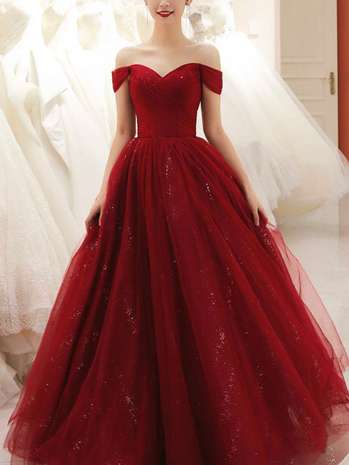Glam Wine Red Sweetheart Tulle Shiny Long Prom Dress Party Dress, Wine Red Formal Dress