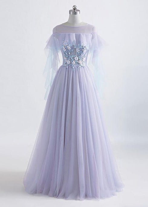Beautiful Lavender Off Shoulder Flower Lace Long Party Dress, A-line Purple Prom Dress Formal Dress