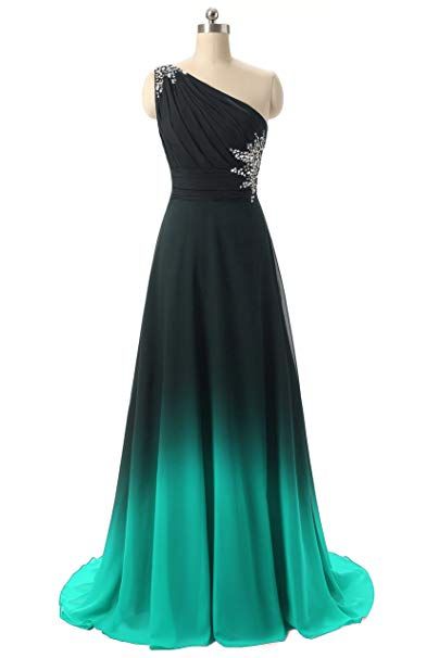 Beautiful Green and Black Gradient One Shoulder Prom Dress, Long Chiffon Party Dress