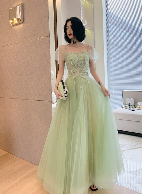 Light Green Tulle with Lace Short Sleeves Long Party Dress, A-line Tulle Evening Dress Prom Dress