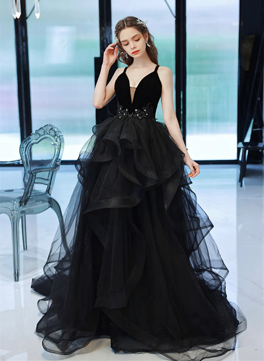 Black Straps V-neckline Tulle Long Party Dress, Black Low Back Prom Dr