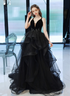 Black Straps V-neckline Tulle Long Party Dress, Black Low Back Prom Dress Formal Dress