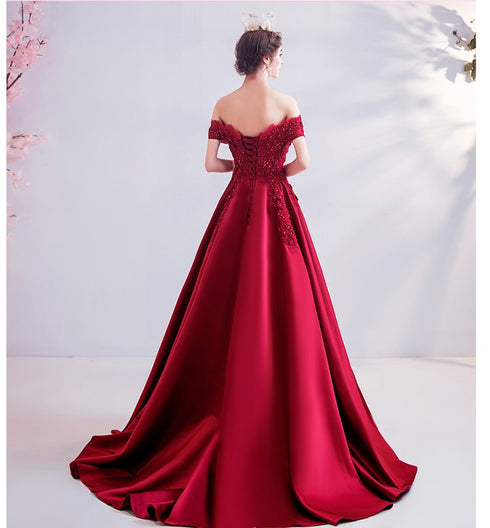 Wine Red Beaded and Lace Off Shoulder Long Party Dress, Wine Red Floor Length Prom Dress