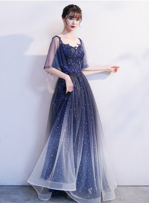 Blue Gradient Long Formal Dress with Puffy Sleeves, A-line Tulle Blue Prom Dress Bridesmaid Dresses