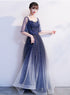 Blue Gradient Long Formal Dress with Puffy Sleeves, A-line Tulle Blue Prom Dress Bridesmaid Dresses