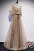 Champagne Tulle Long Party Dress, Short Sleeves A-line Formal Dress Evening Dress