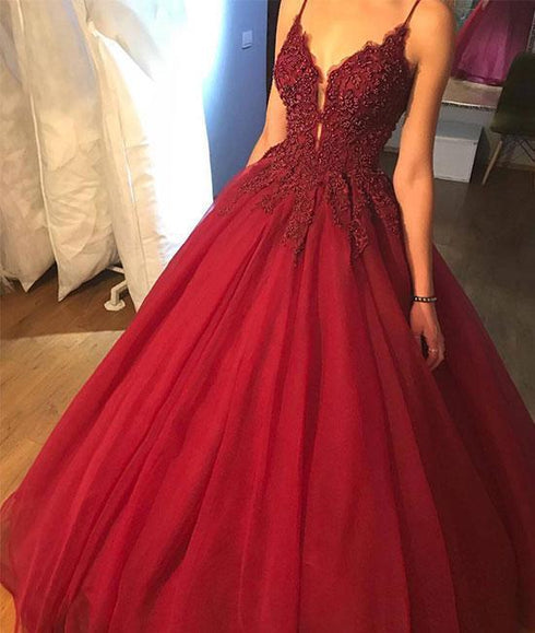 Charming Wine Red V-neckline Beaded and Lace V-neckline Party Dress, Ball Gown Prom Dress