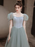 Tulle A-line Simple Beaded Evening Party Dress, Satin Top Long Prom Dress