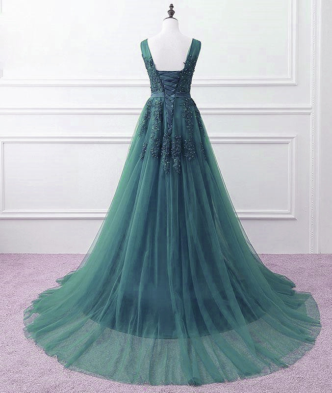 hunter green tulle dress ZAPAKA Women Dark Green Tulle Prom Dress A-Line One-Shoulder Long Evening Dress, Dark Green / US12