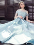 Blue Satin A-line Lace Off Shoulder Floor Length Party Dress, Blue Prom Dress Evening Dress