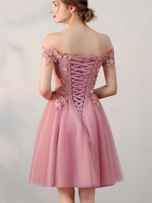 Pink Off Shoulder Lace Homecoming Dress, Short Party Dress