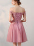 Pink Off Shoulder Lace Homecoming Dress, Short Party Dress