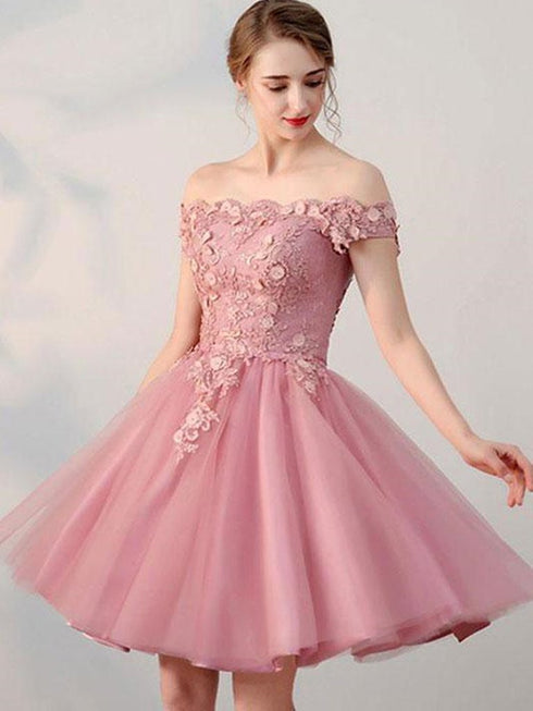 Pink Off Shoulder Lace Homecoming Dress, Short Party Dress