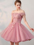 Pink Off Shoulder Lace Homecoming Dress, Short Party Dress