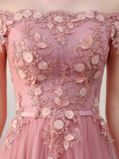 Pink Off Shoulder Lace Homecoming Dress, Short Party Dress