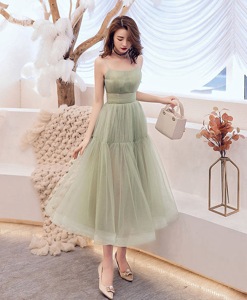 Lovely Mint Green Tulle Layers Tea Length Party Dresses, Green Formal Dresses