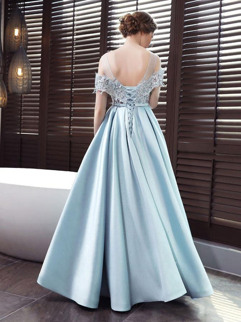 Blue Satin A-line Lace Off Shoulder Floor Length Party Dress, Blue Prom Dress Evening Dress