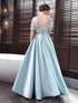 Blue Satin A-line Lace Off Shoulder Floor Length Party Dress, Blue Prom Dress Evening Dress