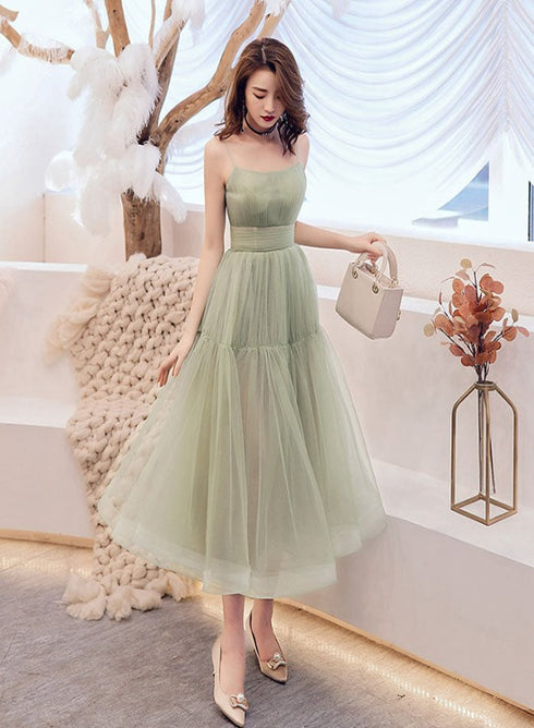 Lovely Mint Green Tulle Layers Tea Length Party Dresses, Green Formal Dresses
