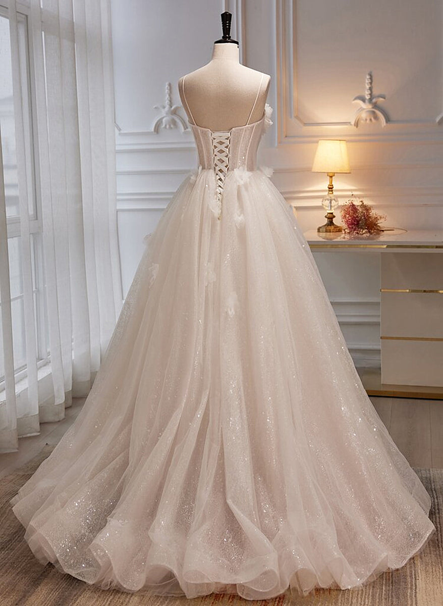 ivory sweetheart neck tulle lace long prom dress, tulle formal party dress main image 1