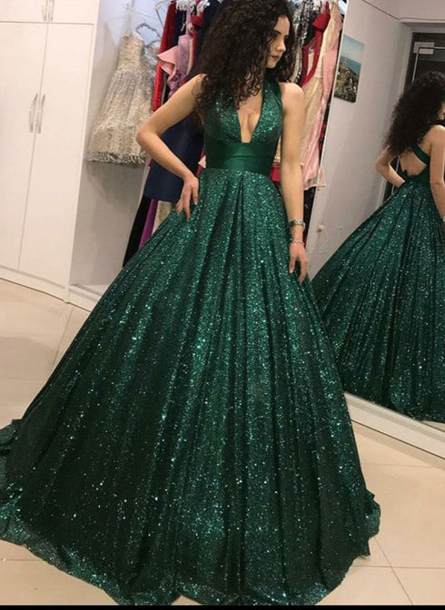 Charming Green Sequins Cross Back Ball Gown Evening Dress Party Dress, Green Long Prom Dress