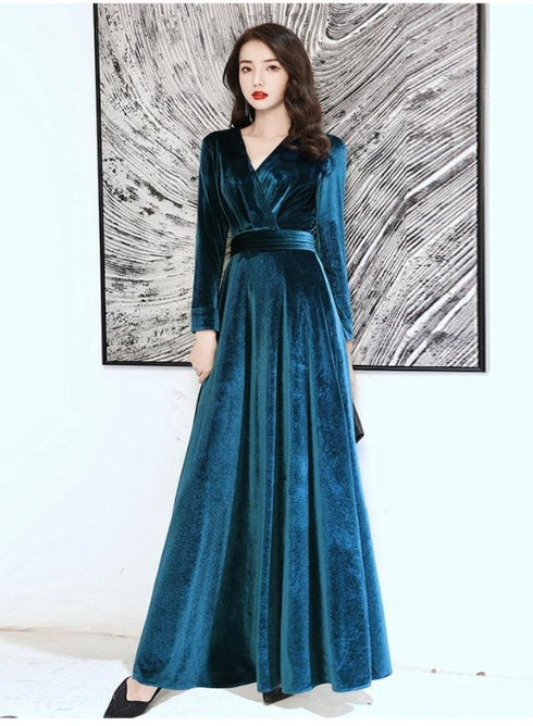 Charming Velvet V-neckline Simple Long Bridesmaid Dress, Long Sleeves A-line Party Dress