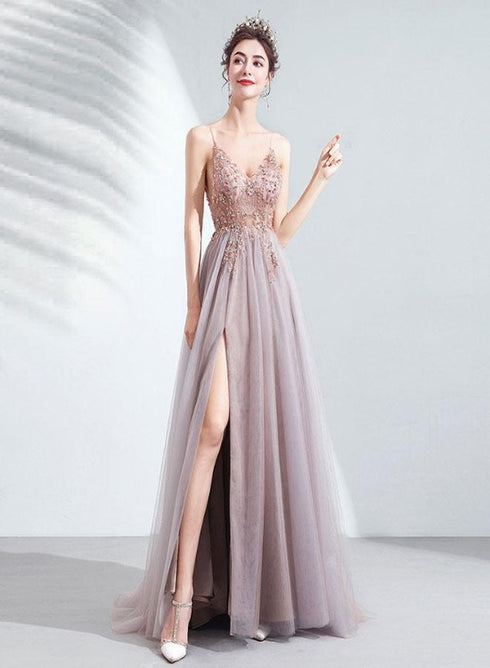 Pink Chic Tulle Slit V-neckline Beaded Party Dresses, A-line Dark Pink Prom Dress Party Dress