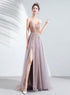 Pink Chic Tulle Slit V-neckline Beaded Party Dresses, A-line Dark Pink Prom Dress Party Dress