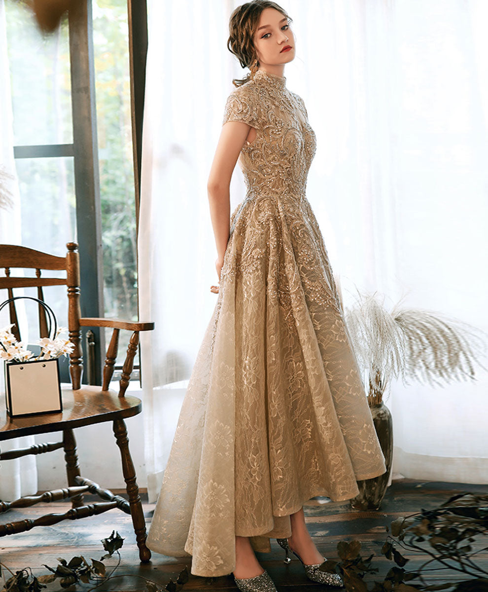 Champagne Lace High Low Short Sleeves Prom Dress, High Low Homecoming