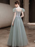 Tulle A-line Simple Beaded Evening Party Dress, Satin Top Long Prom Dress